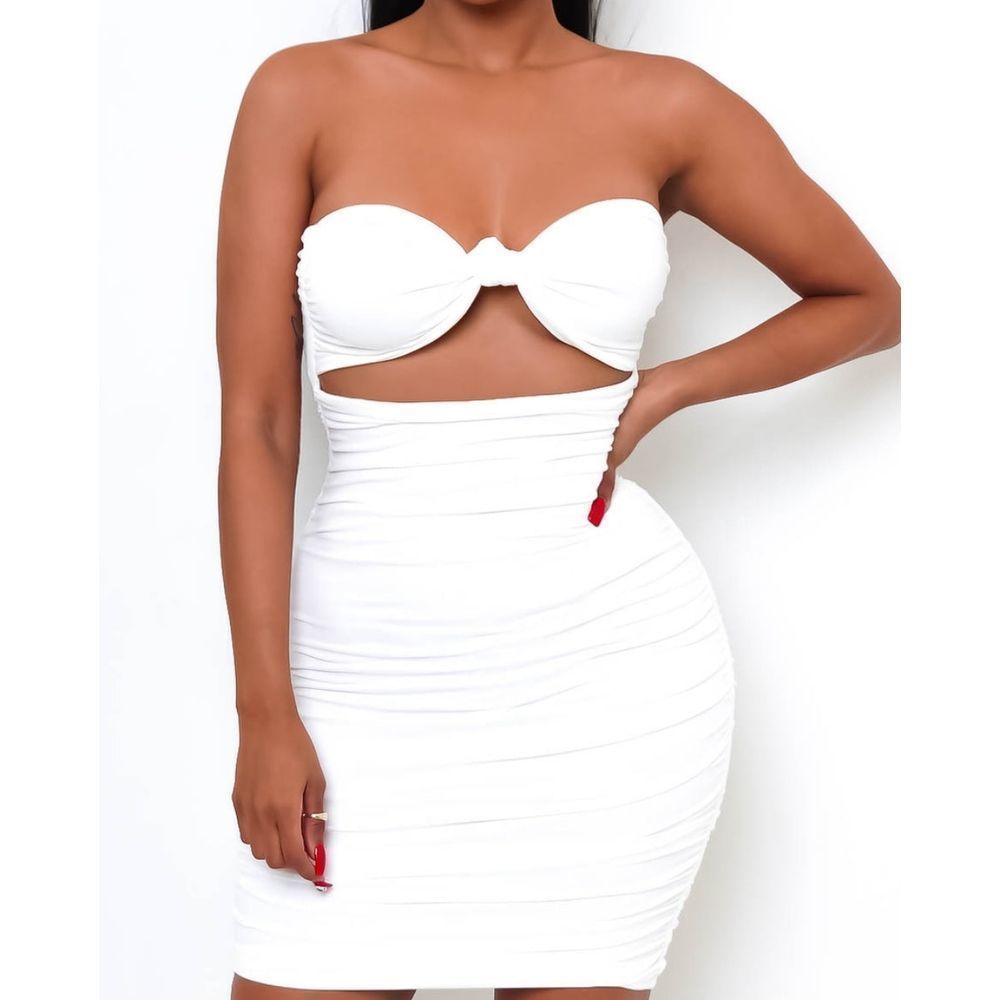 Women's White Peekaboo Ruched Mini Tube Dress
